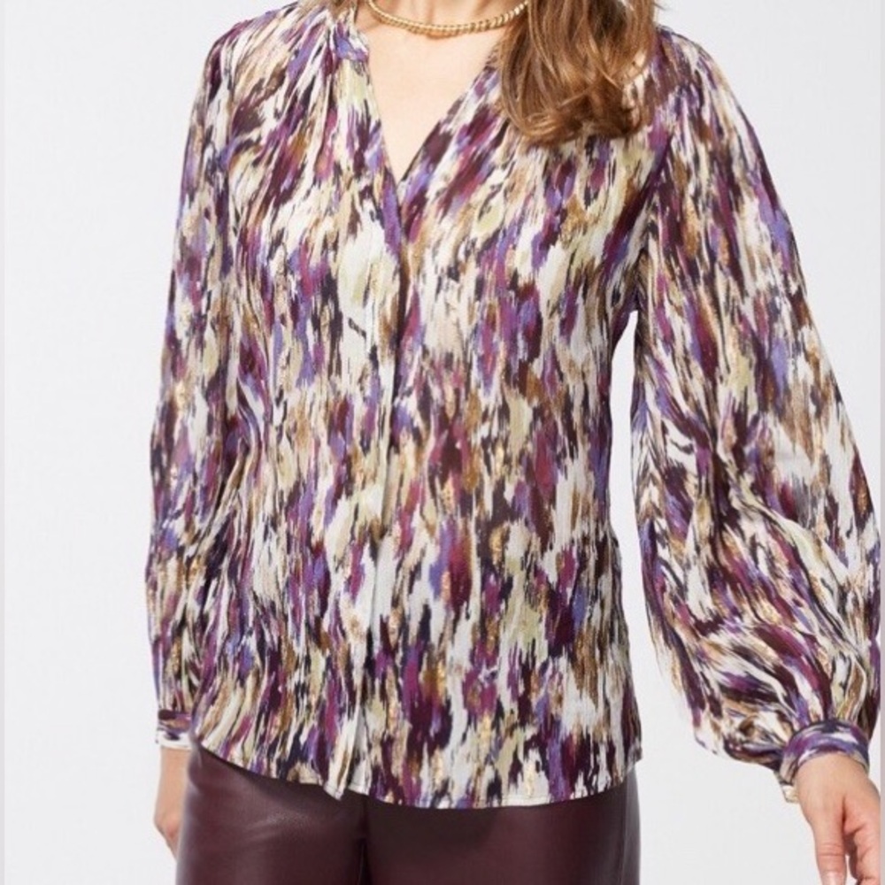 NWT CHICO'S Purple Lily Pleat Release Dappled Ikat Metallic Top Shirt Blouse 10
